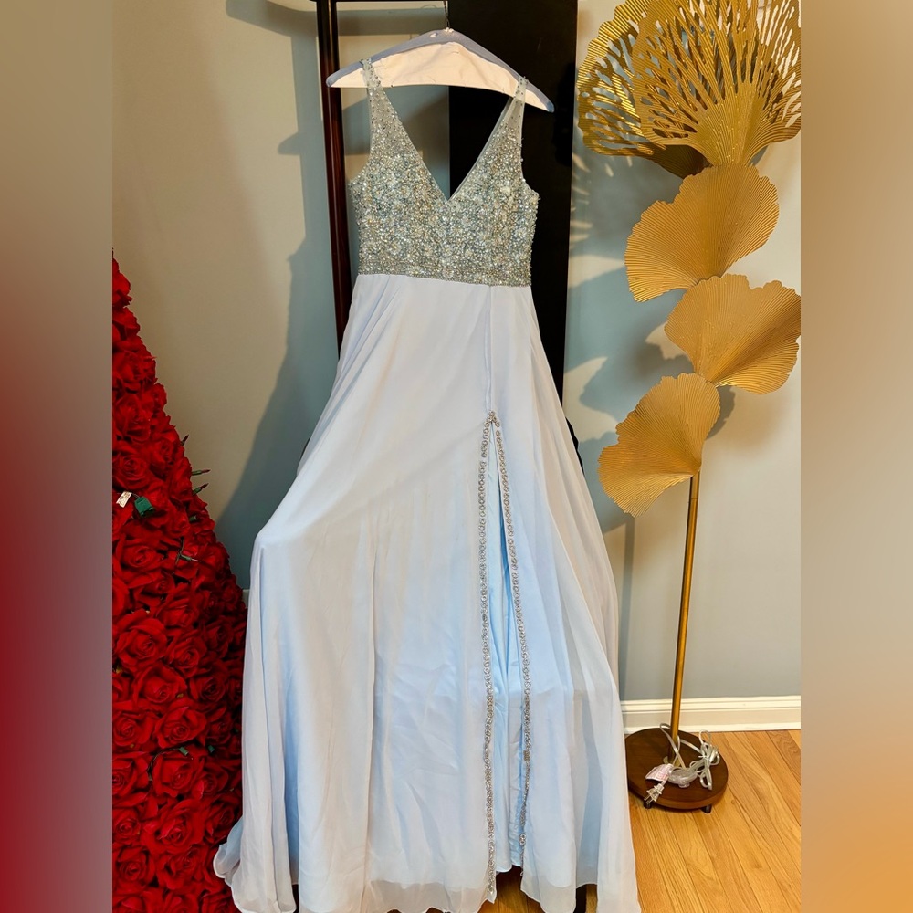 White by Soieblu light blue crystal embellished evening prom gown